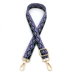 Adjustable geometric diamond woven shoulder strap with gold metal hooks and buckle