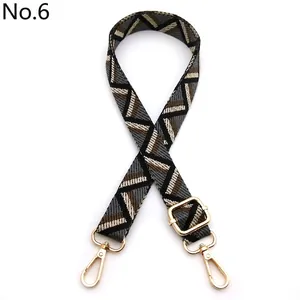 Close-up of geometric woven strap with gold metal hooks and adjustable buckle detail