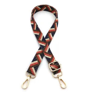 Detail of adjustable woven strap with navy and red geometric V-patterns and gold metal clasps