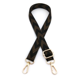 Adjustable canvas shoulder strap with brown chevron pattern and gold metal lobster clasps