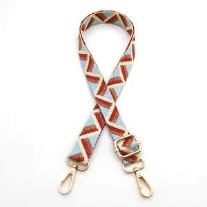 Detail of adjustable woven bag strap with red blue and gold geometric patterns and hardware