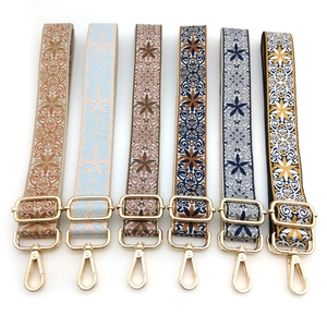 Adjustable ethnic style embroidered bag straps with golden rotating metal hooks