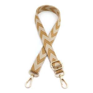 Adjustable beige woven shoulder strap with gold metal hooks for cross-body bags