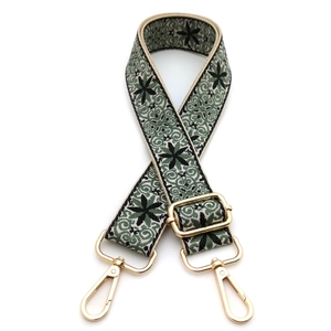 Adjustable ethnic style embroidered shoulder strap with floral pattern and gold metal hooks