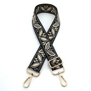 Macro detail of ethnic floral jacquard strap with adjustable golden alloy buckle
