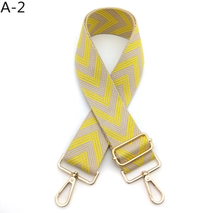 Detail of adjustable thick woven bag strap with yellow and grey V-shape chevron patterns