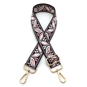 Close-up of ethnic jacquard strap with floral patterns and gold lobster clasps
