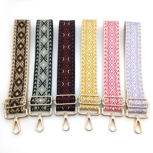 Adjustable wide jacquard bag straps with geometric patterns and gold metal buckles