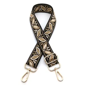 Detail of adjustable floral jacquard bag strap with vintage leaf patterns and gold hardware