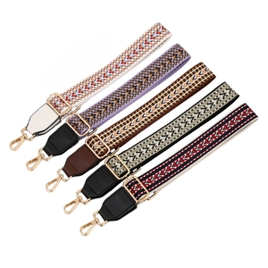Adjustable bohemian woven bag straps with geometric patterns and golden metal hooks