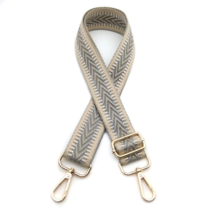 Detail of silver chevron woven strap with golden swivel clasps and adjustable buckle