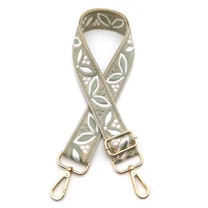 Detail of adjustable floral jacquard strap in light green with golden lobster clasps