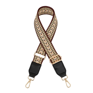 Macro shot of adjustable woven chevron strap with gold buckle and faux leather connectors
