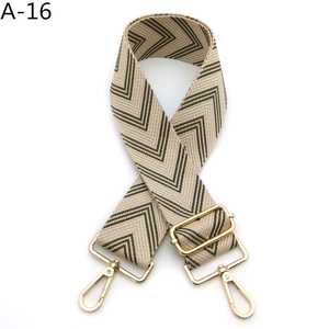 Detail of green chevron wide bag strap with durable gold metal spring hooks