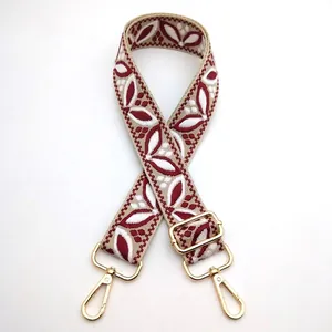 Detail of No. 20 ethnic style floral jacquard bag strap with gold metal swivel hooks