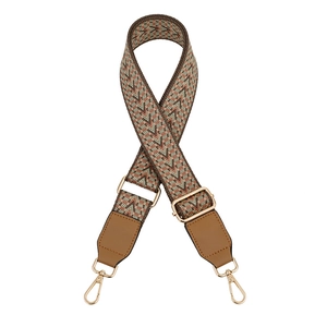 Adjustable wide canvas shoulder strap with vintage geometric pattern and metal hooks