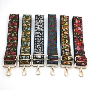 Ethnic style adjustable embroidered bag straps with bohemian patterns and gold metal buckles