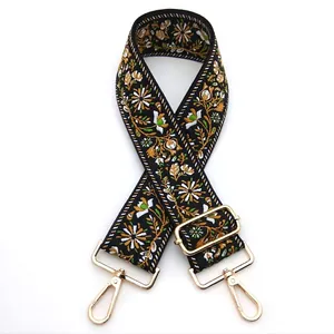 Close-up of ethnic embroidered bag strap with yellow floral patterns and gold metal clips