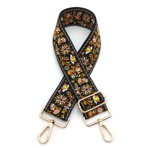 Ethnic style embroidered wide strap for crossbody bags with adjustable gold metal buckle