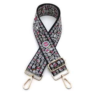 Ethnic style embroidered replacement bag strap with pink floral pattern and gold hooks