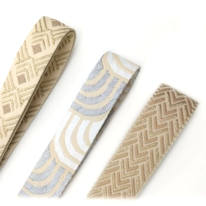 Close-up of geometric jacquard bag strap with gold and silver metallic weaving