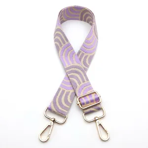Close-up of adjustable purple and gold woven strap with polished lobster clasps