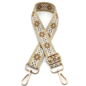 Bohemian embroidered bag strap with golden floral patterns and adjustable metal buckles