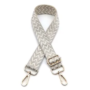 Detail of adjustable gray and white wave pattern woven strap with gold metal hardware