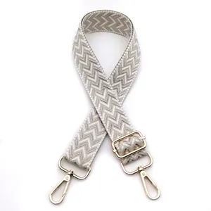 Detail of 3.8cm wide adjustable strap with silver chevron pattern and gold metal buckles