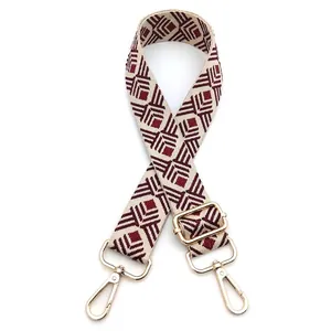 Detail of No. 3 adjustable shoulder strap with red geometric pattern and gold hardware