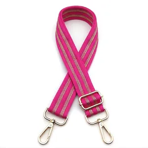 Detail of Style 5 rose red and gold striped woven strap with gold metal buckle