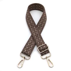 Detail of adjustable 3.8cm wide canvas bag strap with brown geometric arrow pattern
