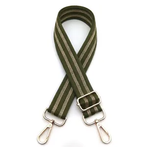 Detail of green and gold twill woven wide strap with gold metal lobster clasps