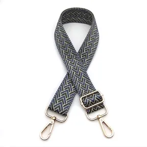 Detail of 3.8cm wide chevron woven strap with adjustable gold zinc alloy buckle