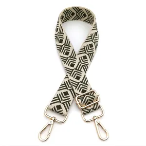 Detail of adjustable geometric guitar-style strap for bags with golden metal swivel hooks
