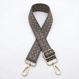 Detail of 3.8cm wide adjustable nylon strap with gold metal hooks and herringbone pattern