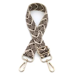 Detail of geometric diamond pattern on adjustable jacquard strap with gold metal hooks