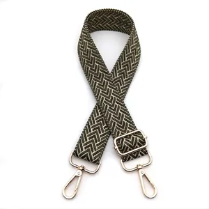 Detail of adjustable 3.8cm wide chevron woven strap with golden metal lobster clasps