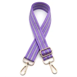 Detail of adjustable purple and grey striped nylon strap with gold lobster clasps