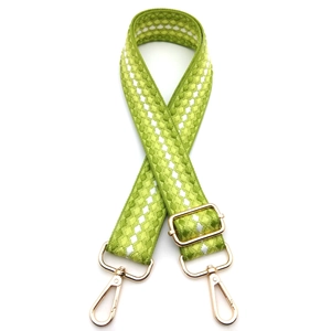 Adjustable green and white geometric woven replacement shoulder strap with gold buckles