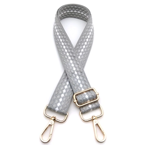 Adjustable wide replacement bag strap with grey spotted weave and gold metal hooks