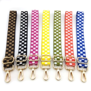 Adjustable checkerboard pattern shoulder straps for bags with gold metal lobster buckles