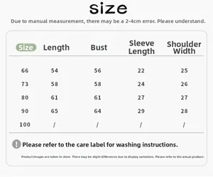 Size chart for baby long sleeve romper detailing length, chest, and sleeve measurements