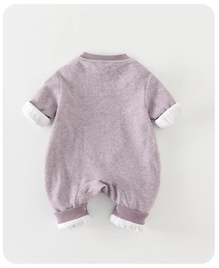 Detailed back view of baby long sleeve jumpsuit in soft heather purple cotton fabric