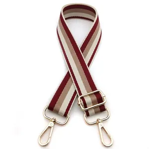 Detail of adjustable crossbody strap featuring burgundy and khaki woven stripes with gold hardware