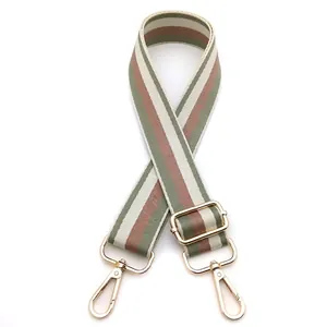 Detail view of retro green, red and white striped woven strap with gold metal buckles