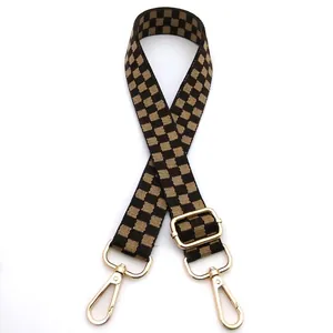Adjustable checkerboard bag strap with high-quality gold metal hooks for cross-body use