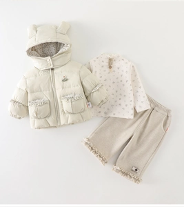 Three-piece infant winter set with hooded fleece jacket and floral print base layer