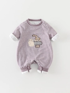 Baby Boys Long Sleeve Romper Cartoon Bear Mushroom Embroidery Polyester Infant Bodysuit Jumpsuit For Spring Autumn Outing