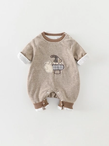 Cute cartoon bear and mushroom baby long sleeve romper in khaki fabric for autumn wear